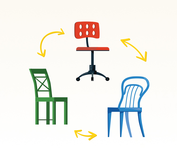 Drei Stühle in unterschiedlichen Farben die im Kreis stehen. Zwischen den Stühlen sind Pfeile die in beide Richtungen zeigen. Das soll darstellen das die Plätze getauscht werden.