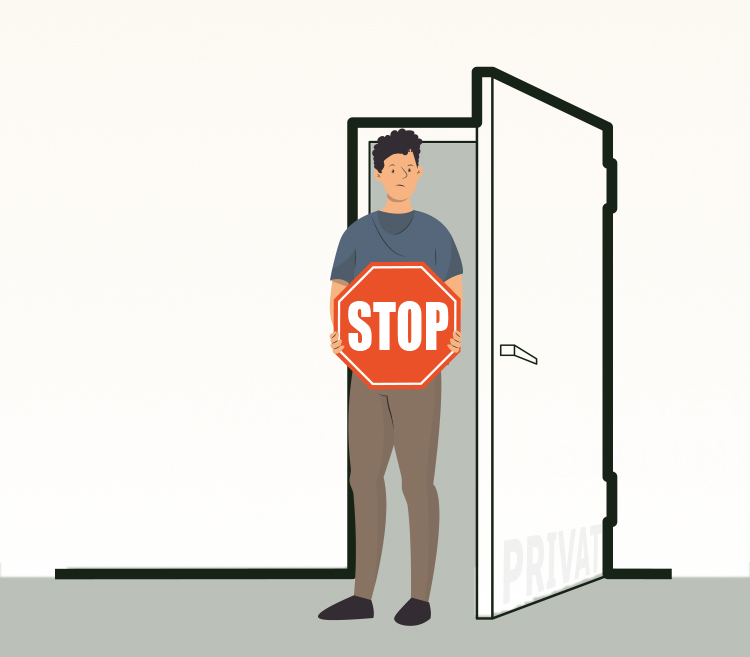 Zeichnung einer Person die in der Tür steht. Auf der Türe steht: Privat. Die Person hält ein Stoppschild