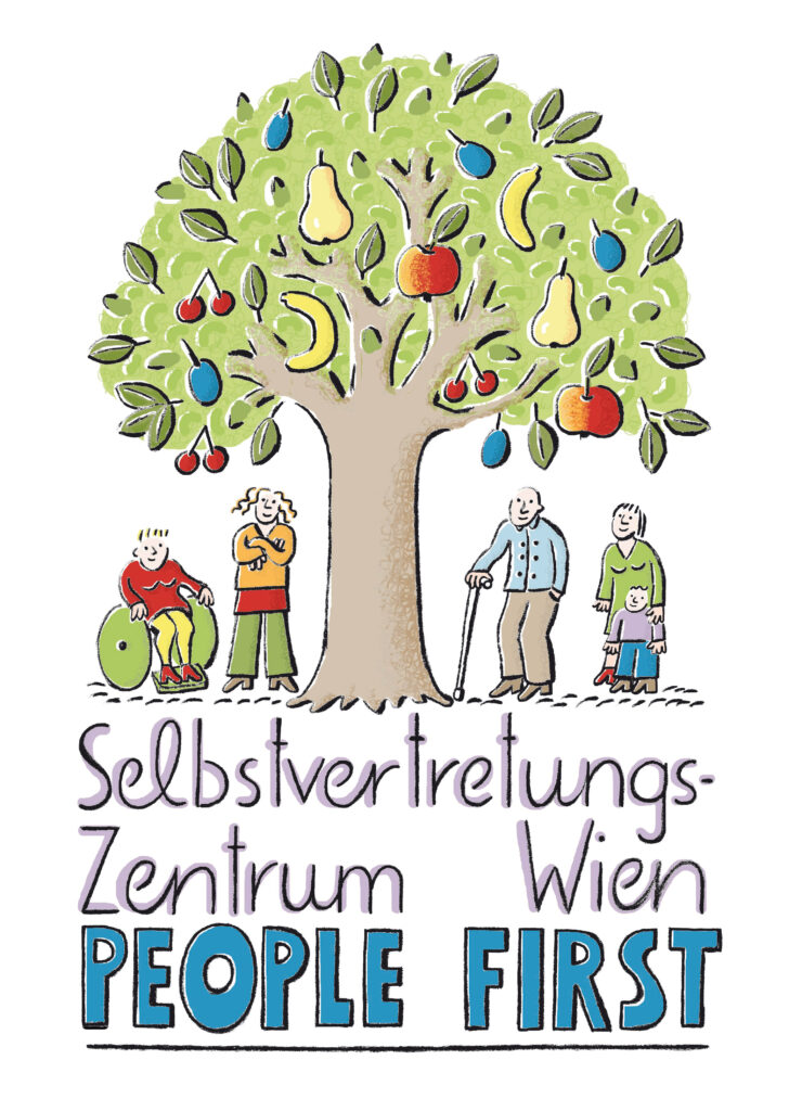 Logo des Selbstvertretungszentrum. Ein Obstbaum unter dem verschiedene Menschen stehen. Darunter steht Selbstvertretungszentrum Wien People First